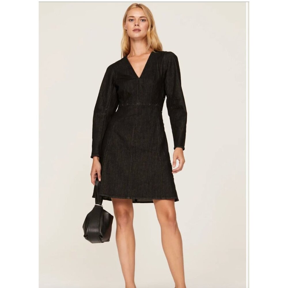 Thakoon Collective Black‎ Denim Long-Sleeve V-Neck Mini Fitted Dress Size 8